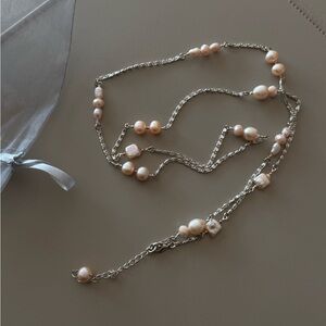 Delicate Pink Pearl Station Silver Chain Necklace